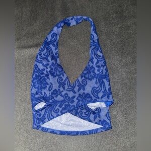 Y2K Blue Lace Halter Crop Top Floral Sheer Mesh Tank S